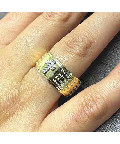 Aliança Anel Pai Nosso Forrado com Diamantes Ouro 18k