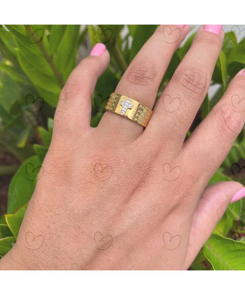 Aliança Anel Pai Nosso com Diamantes Ouro 18k