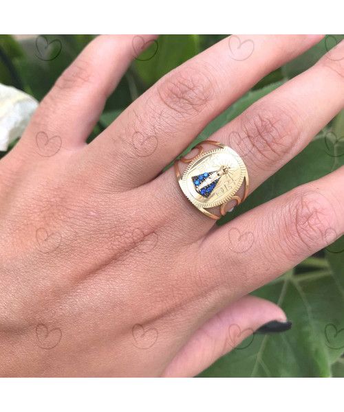 Anel Nossa Senhora Aparecida com Safira Natural Ouro 18k