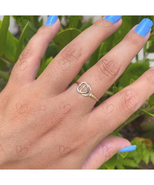 Anel Dois Corações Bicolor Diamantado Ouro 18k