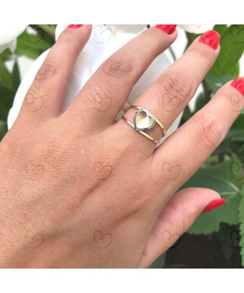 Anel Coração Bicolor Diamantado Ouro 18k