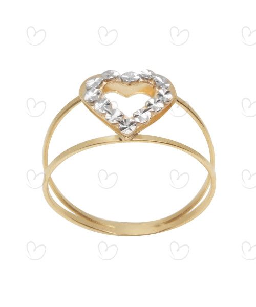 Anel Aro Duplo Coração Bicolor Diamantado Ouro 18k