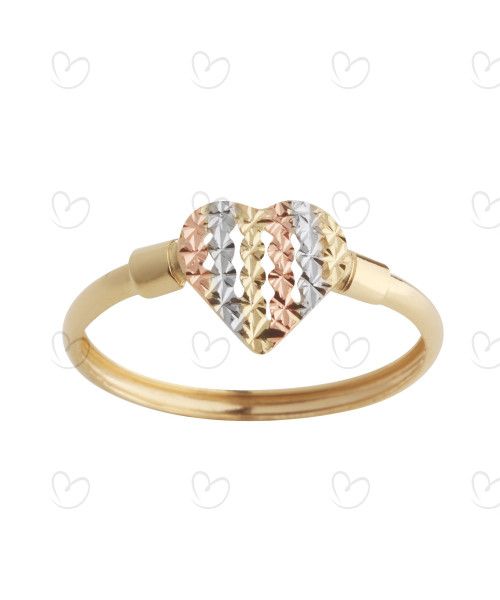 Anel Coração Tricolor Diamantado Vazado Ouro 18k