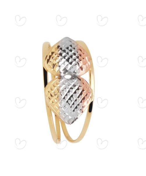 Anel Aro Duplo com Dois Corações Tricolor Diamantado Ouro 18k