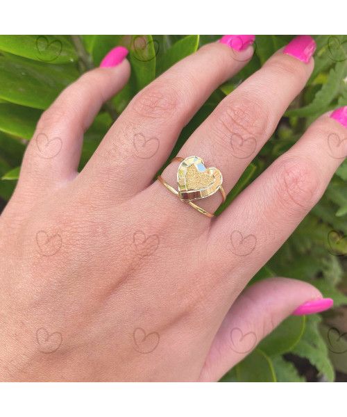 Anel Aro Duplo com Coração Diamantado e Martelado Ouro 18k