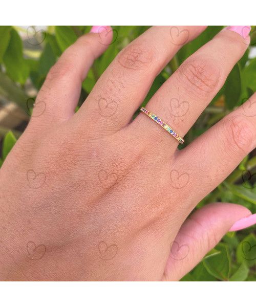 Anel Meia Aliança Rainbow Colorido Ouro 18k