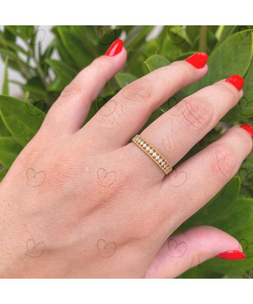Anel Meia Aliança com Bolinha e Quinze Pedras de Zircônia Ouro 18k
