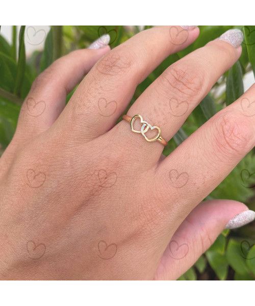 Anel Liso com Dois Corações Ouro 18k