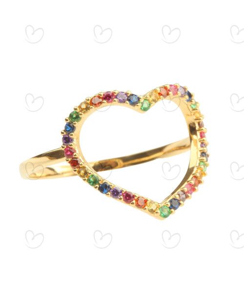 Anel Coração Grande Rainbow Colorido Ouro 18k