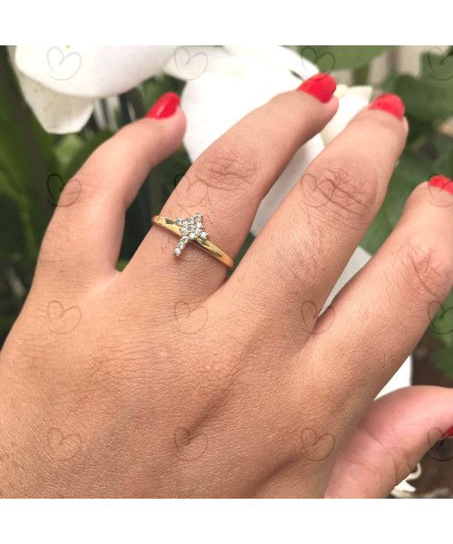 Anel Cruz com ZIrcônia Ouro 18k