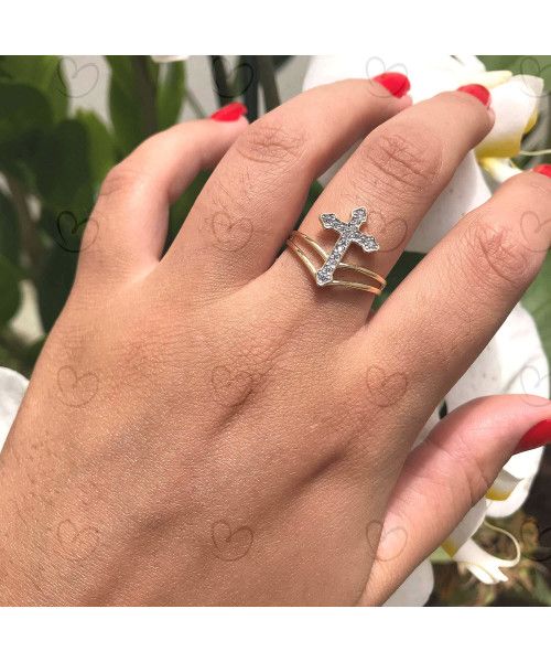 Anel Cruz com Pedras de Zircônia Ouro 18k