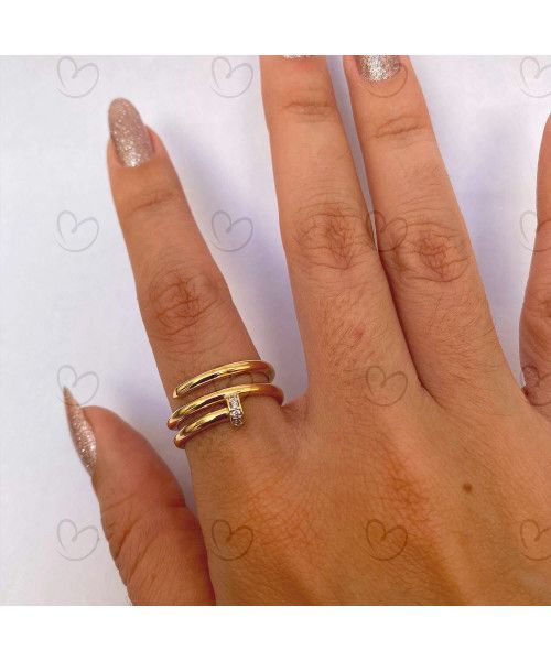 Anel Prego Cravejado Aro Duplo Ouro 18k