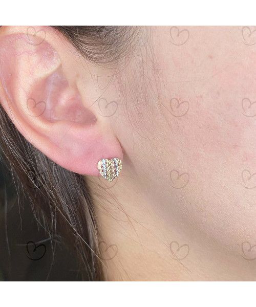 Brinco Coração Tricolor Filetes Diamantados Ouro 18k