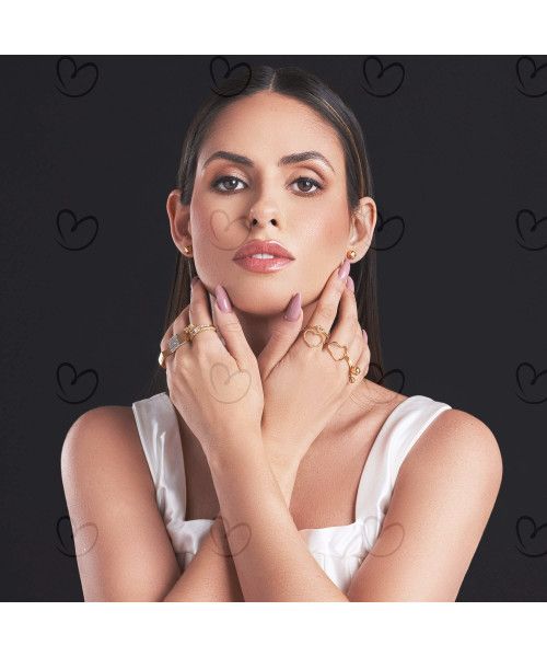 Anel Pingentes Casal com Aro Cravejado Ouro 18k