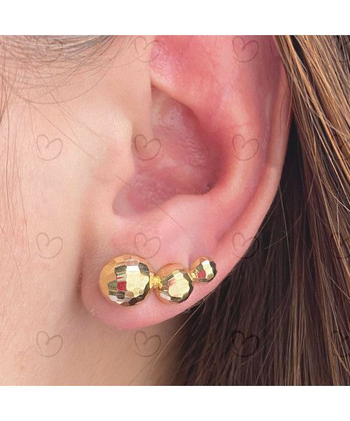 Brinco Ear Cuff Três Meia Bola Diamantada Ouro 18k
