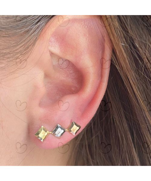 Brinco Quadrado Três Cores com Detalhes diamantados Ouro 18k