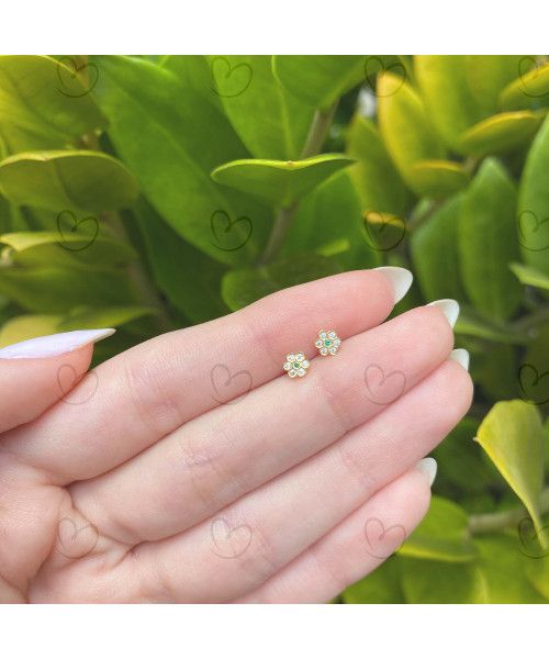 Brinco Baby Florzinha Verde Ouro 18k