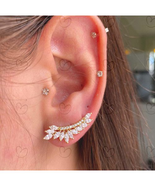 Brinco Ear Cuff Fileira e Navetes Ouro 18k
