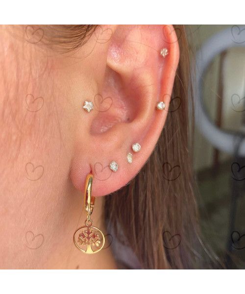 Brinco Argola Pingente com Arvore da Vida Lisa Ouro 18k