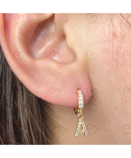 Brinco Argola Mini Cravejada com Letra A Ouro 18k