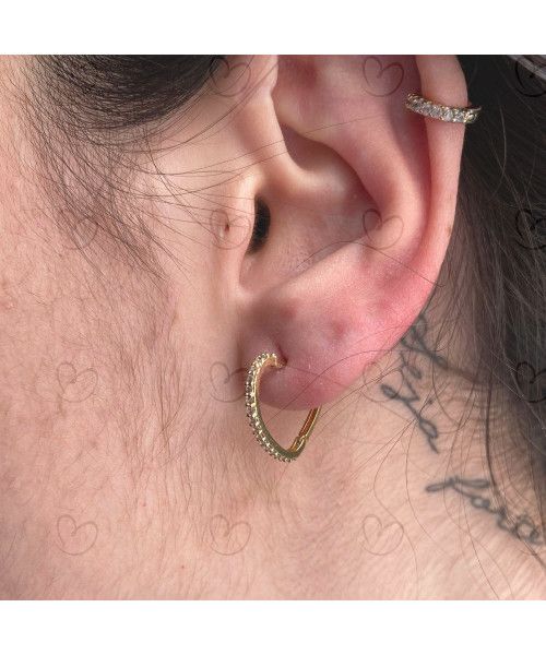 Brinco Argola de Coração Cravejada 1.7cmx 2.1cm Ouro 18k