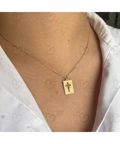 Pingente Placa com Cruz Vazada Diamantada e Fosca Grande Ouro 18k
