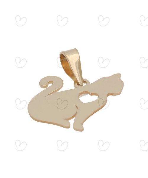 Pingente Gato com Coração Vazado Ouro 18k