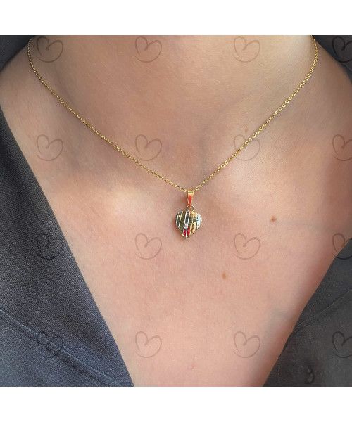 Pingente Coração Quadriculado Tricolor Vertical Ouro 18k