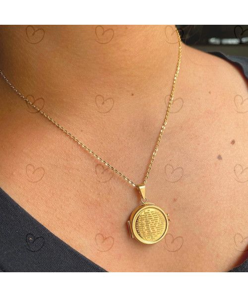 Pingente Relicário Redondo Gravado Pai Nosso Ouro 18k