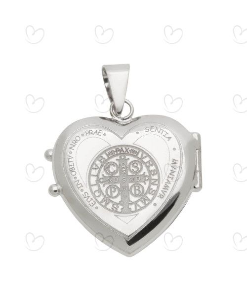 Pingente Relicário Coração São Bento Ouro Branco 18k