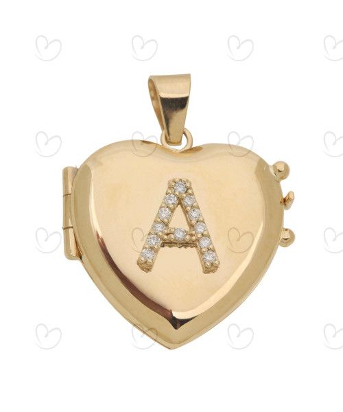 Pingente Relicário Coração Abaulado com Letra Cravejada Ouro 18k