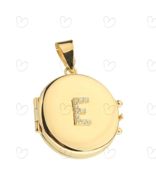 Pingente Relicário Redondo com Letra Cravejada Ouro 18k