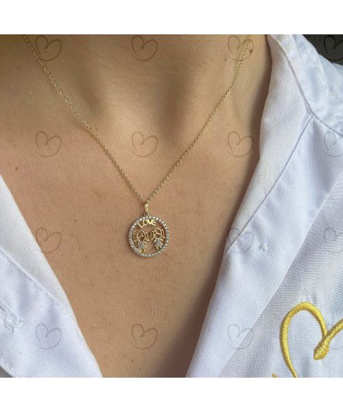 Pingente Filhas Love Redondo Cravejado Ouro 18k