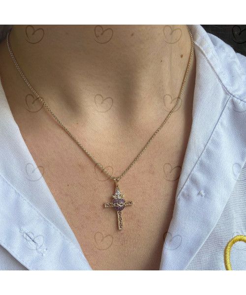 Pingente Sagrado Coração na Cruz Pequeno Ouro 18k