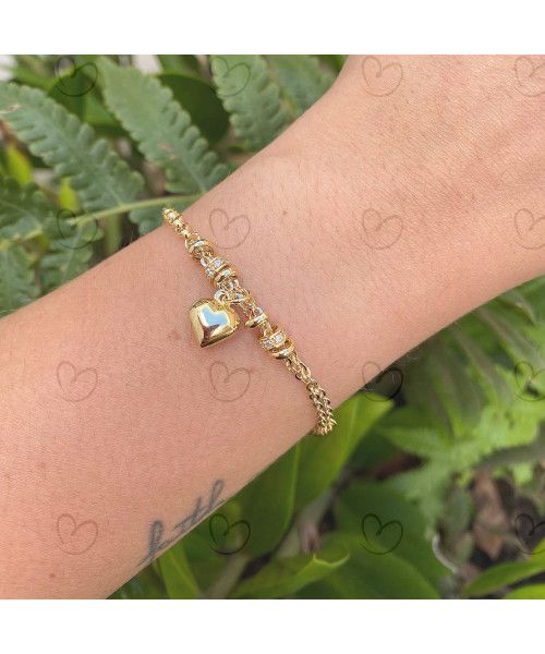 Pulseira Malha Portuguesa e Bailarina com Coração Ouro 18k
