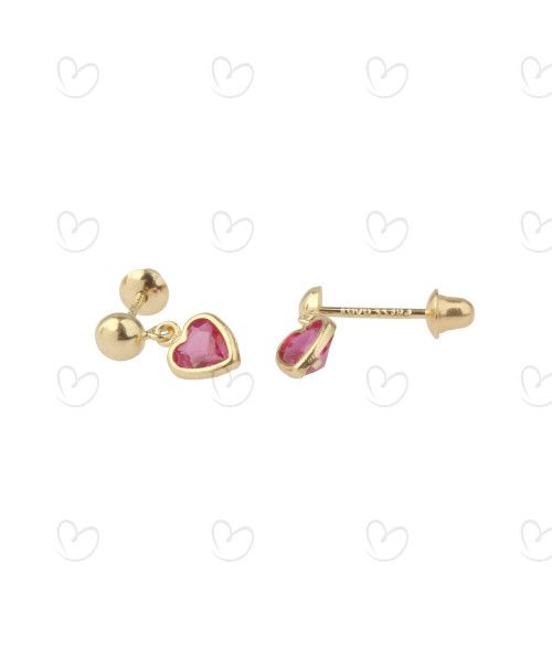 Brinco Baby Coração Cristal Pendurado Pink Ouro 18k