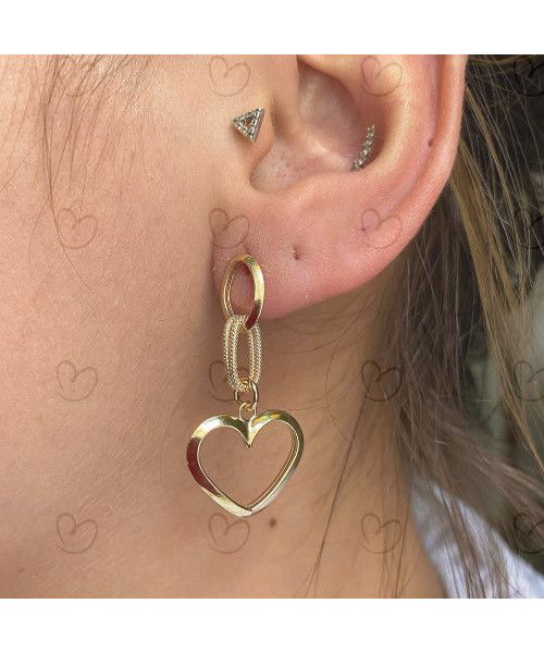 Brinco Elos Ovais e Coração Ouro 18k