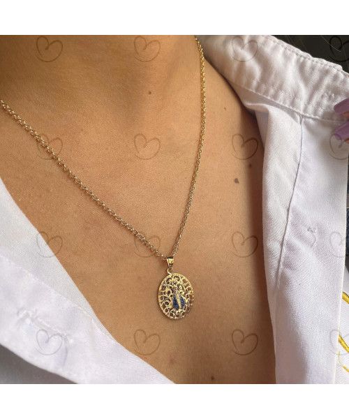 Pingente Nossa Senhora Aparecida com Safira Natural Ouro 18k