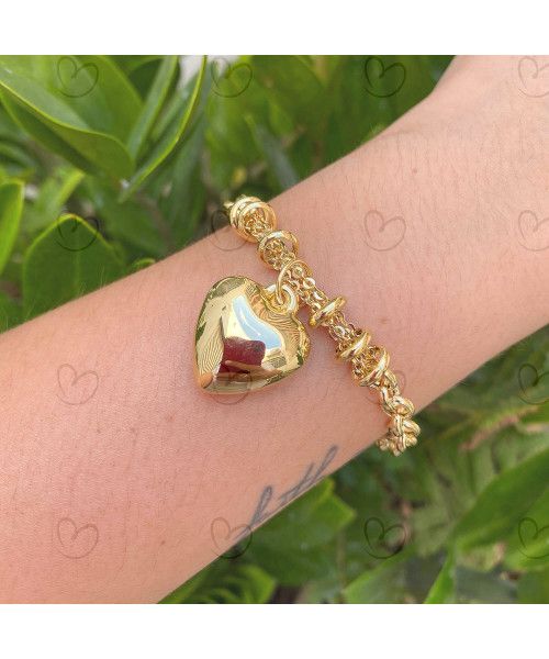 Pulseira Portuguesa com Bailarina com Pingente de Coração Grande Ouro 18k