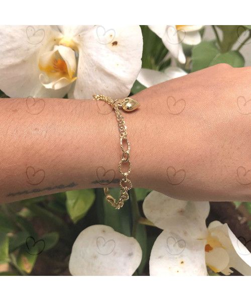 Pulseira Mix de Malhas com Coração Pendurado 19,5cm Ouro 18k