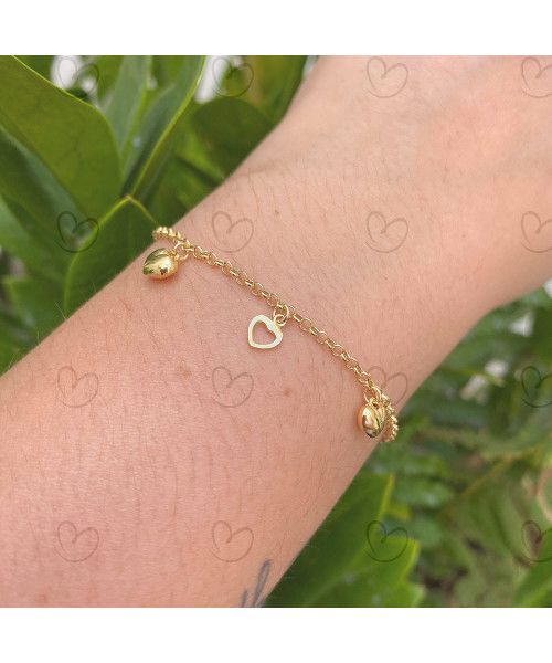 Pulseira Portuguesa Três Corações Ouro 18k