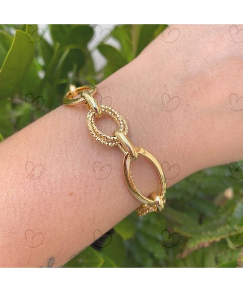Pulseira Argolas Oval Lisa e Diamantada Ouro 18k