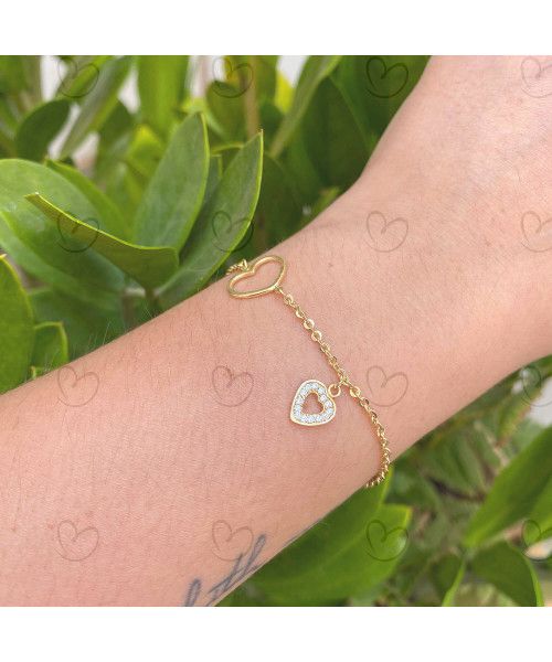 Pulseira Bailarina Coração Vazado e Cravejado Ouro 18k