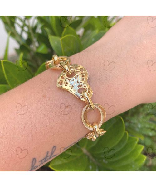 Pulseira Conjunto de Elos com Coração Ouro 18k