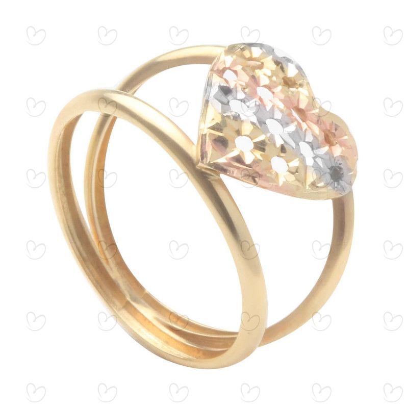 Anel de Coração Tricolor Diamantado Ouro 18k