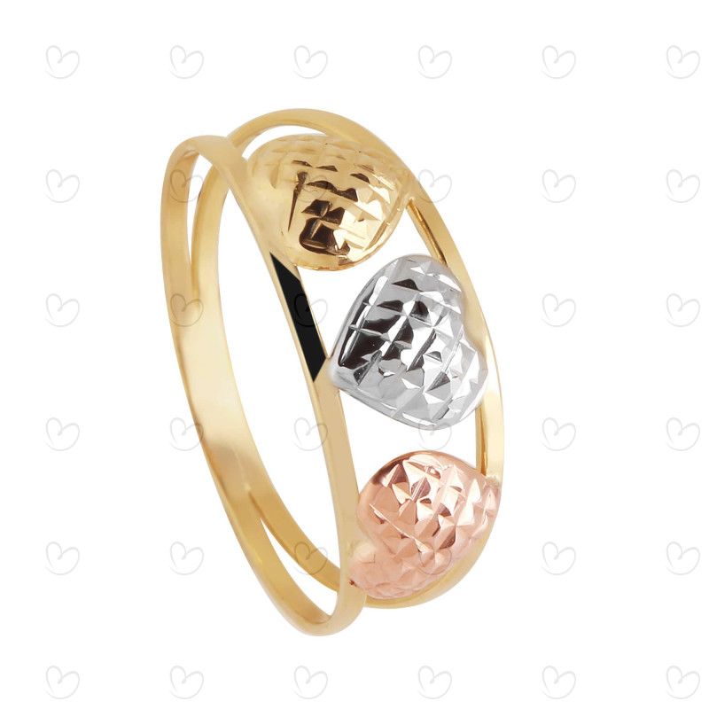 Anel Aro Duplo Tricolor Três Corações Diamantado Ouro 18k