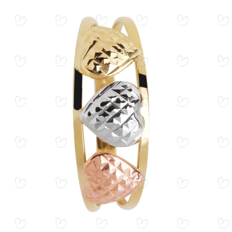 Anel Aro Duplo Tricolor Três Corações Diamantado Ouro 18k