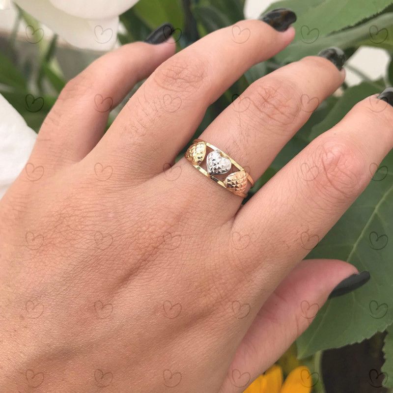 Anel Aro Duplo Tricolor Três Corações Diamantado Ouro 18k