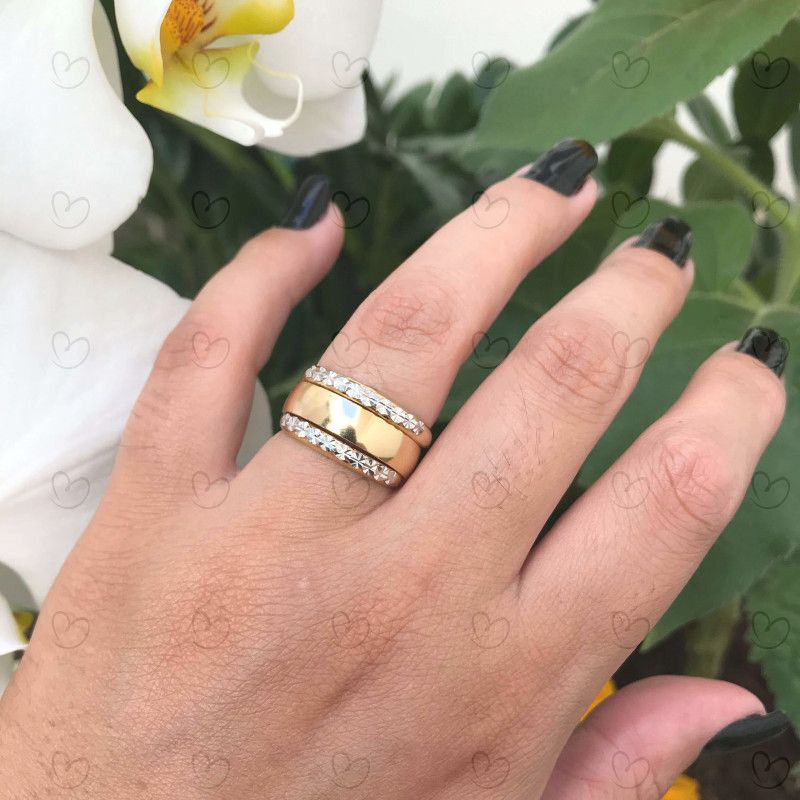 Anel Par de Aparador Diamantado Falsa Pedra Ouro 18k