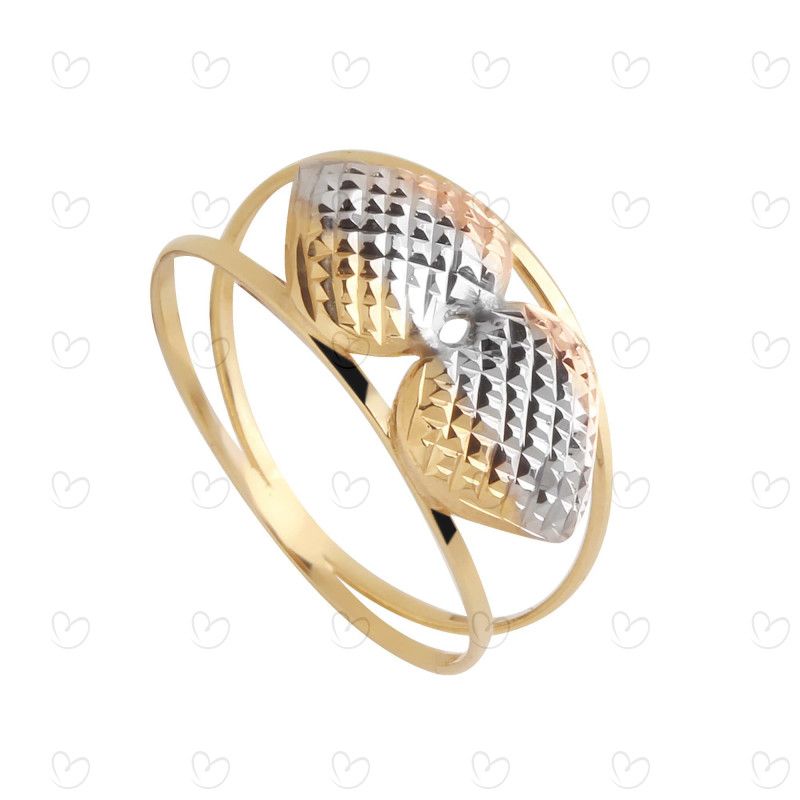 Anel Aro Duplo com Dois Corações Tricolor Diamantado Ouro 18k